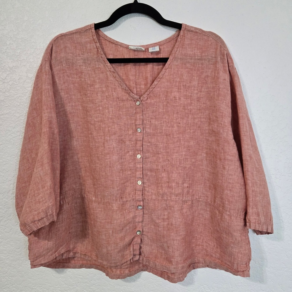 Sigrid Olsen Linen Button Front V Neck 3/4‎ Sleeve Top Coral XL